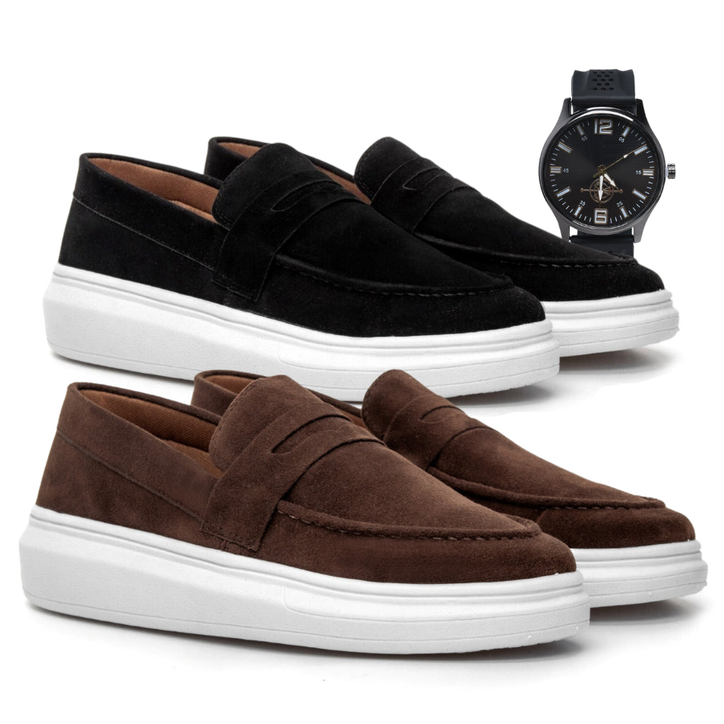 Conjunto 2 Mocassins Camurça Social + Relógio Masculino – Versatilidade e Estilo