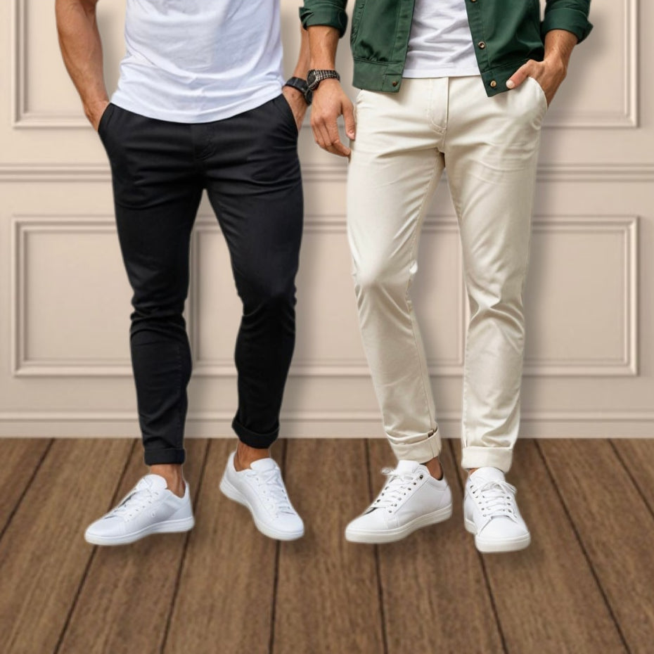 Kit 2 Calças Sarja Slim Social FIT – Conforto com Elastano & Acabamento Acetinado