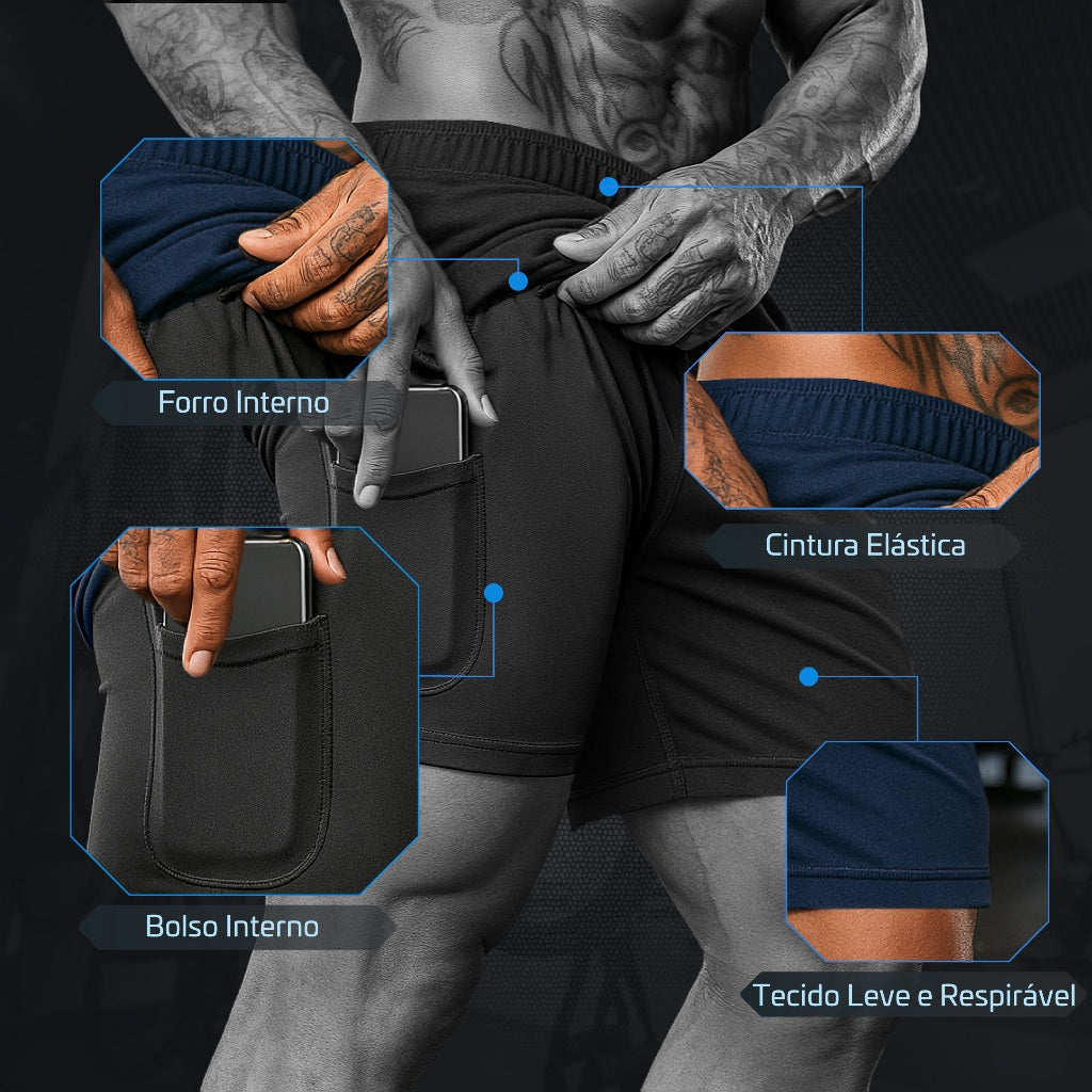 Conjunto 3 Shorts Masculinos 2 em 1: Exterior Leve + Legging Compressiva