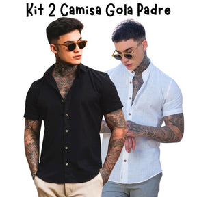 Kit 2 Camisas Sociais Masculinas em Linho Gola Padre – Slim Fit & Conforto Premium
